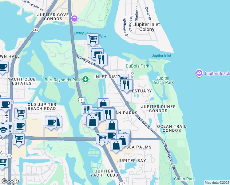 map of restaurants, bars, coffee shops, grocery stores, and more near 126 West River Road in Jupiter