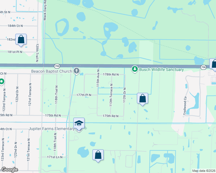 map of restaurants, bars, coffee shops, grocery stores, and more near 17831 113th Terrace North in Jupiter