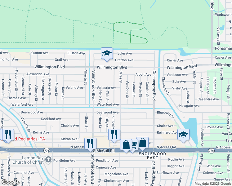 map of restaurants, bars, coffee shops, grocery stores, and more near 6194 Grandeur Street in Englewood