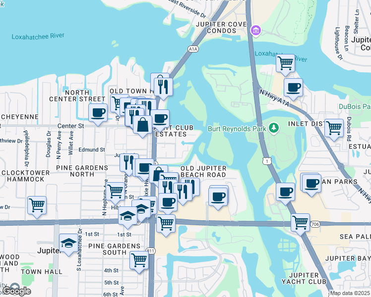 map of restaurants, bars, coffee shops, grocery stores, and more near 615 Paulina Road in Jupiter