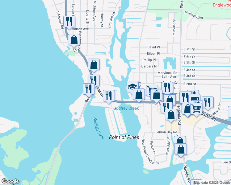 map of restaurants, bars, coffee shops, grocery stores, and more near 1311 South McCall Road in Englewood