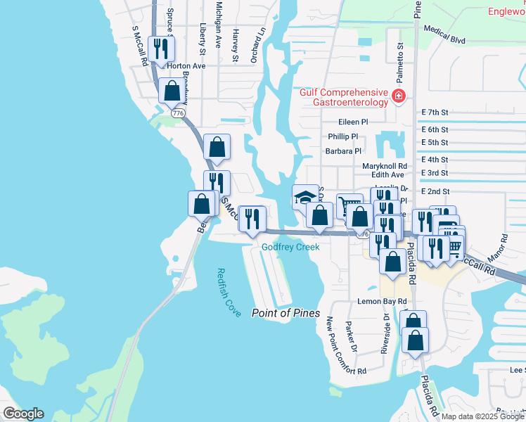 map of restaurants, bars, coffee shops, grocery stores, and more near 1311 South McCall Road in Englewood