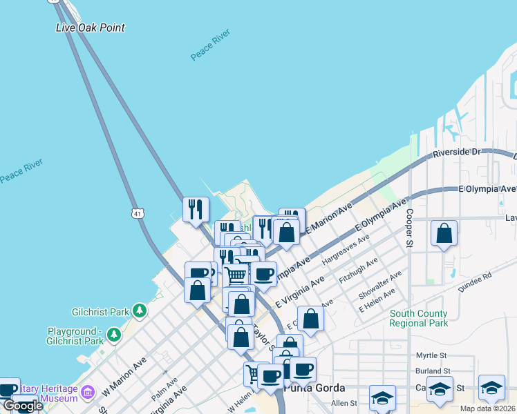 map of restaurants, bars, coffee shops, grocery stores, and more near 200 Harbor Walk Drive in Punta Gorda