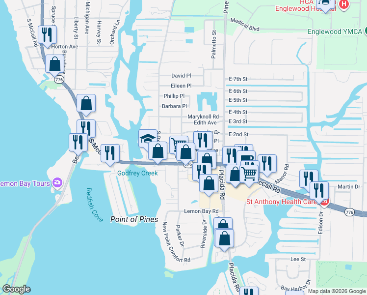 map of restaurants, bars, coffee shops, grocery stores, and more near 1615 Elinor Place in Englewood