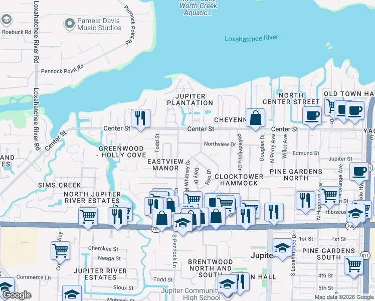 map of restaurants, bars, coffee shops, grocery stores, and more near 516 West Whitney Circle in Jupiter