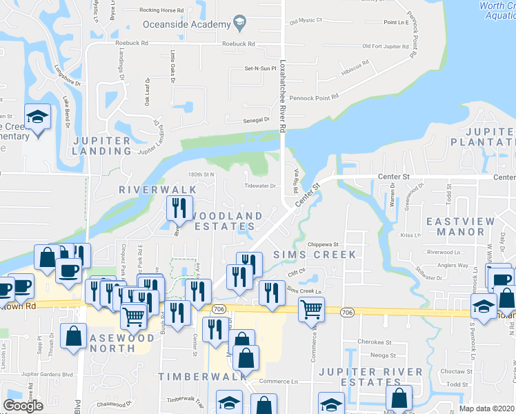 map of restaurants, bars, coffee shops, grocery stores, and more near 5749 Turnwood Court in Jupiter