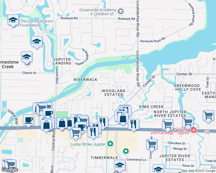 map of restaurants, bars, coffee shops, grocery stores, and more near 17881 Thelma Avenue in Jupiter