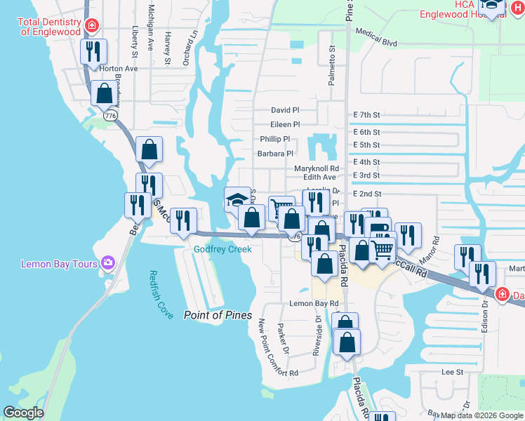 map of restaurants, bars, coffee shops, grocery stores, and more near 1525 Helena Avenue in Englewood