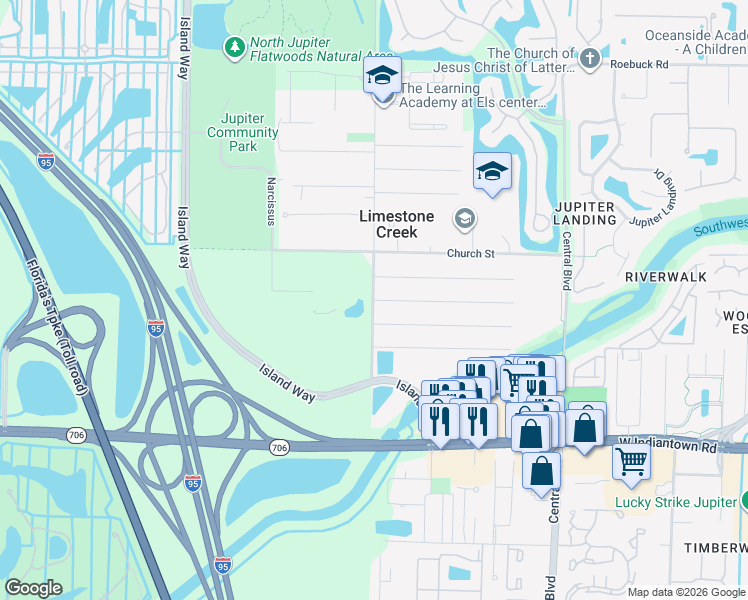 map of restaurants, bars, coffee shops, grocery stores, and more near 17890 Limestone Creek Road in Jupiter