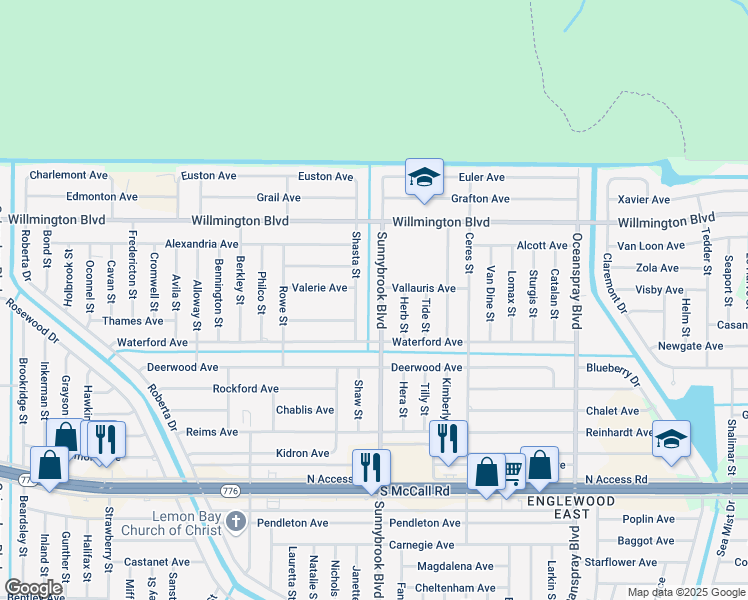 map of restaurants, bars, coffee shops, grocery stores, and more near 6201 Sunnybrook Boulevard in Englewood