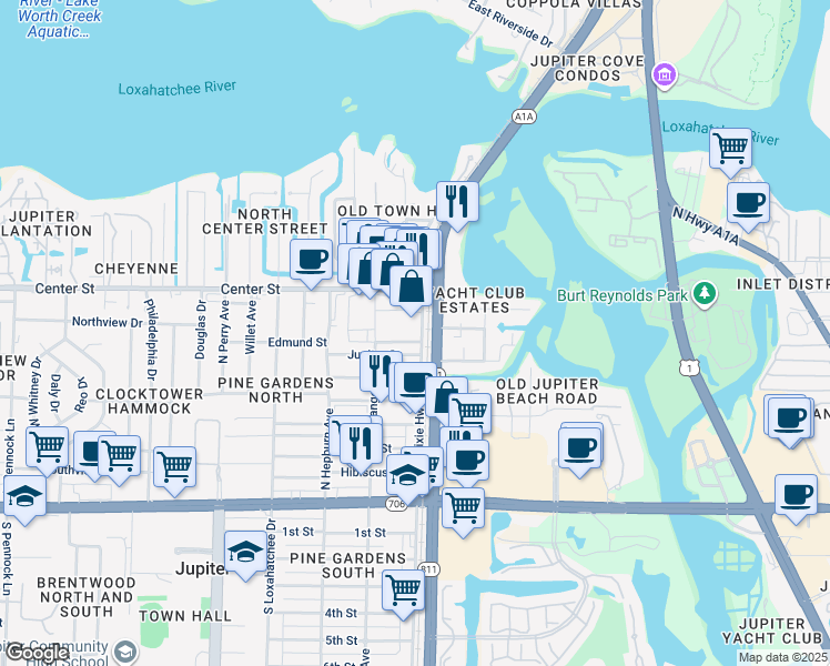 map of restaurants, bars, coffee shops, grocery stores, and more near 680 North Old Dixie Highway in Jupiter