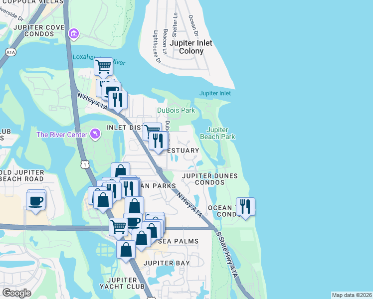 map of restaurants, bars, coffee shops, grocery stores, and more near 4002 Fairway Drive South in Jupiter