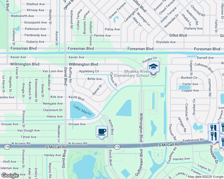 map of restaurants, bars, coffee shops, grocery stores, and more near 12526 Birtle Avenue in Port Charlotte