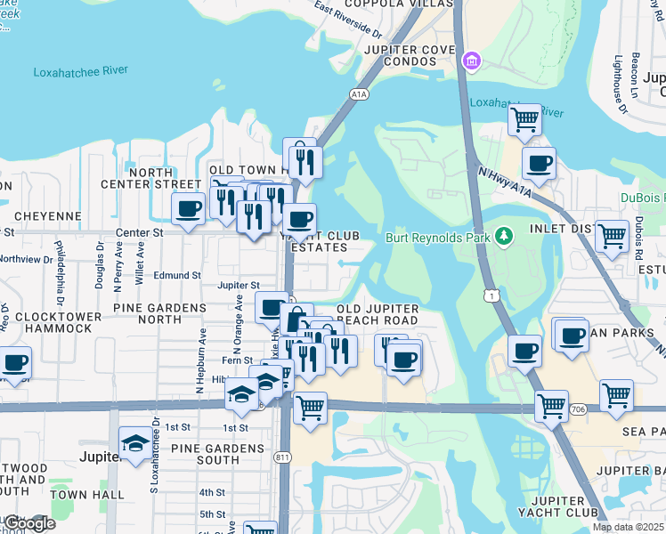 map of restaurants, bars, coffee shops, grocery stores, and more near 615 Paulina Rd in Jupiter