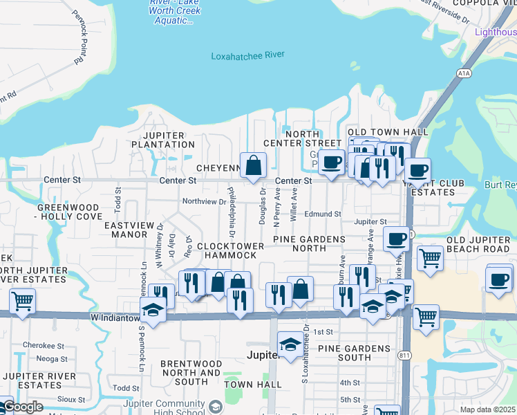 map of restaurants, bars, coffee shops, grocery stores, and more near 604 Douglas Drive in Jupiter