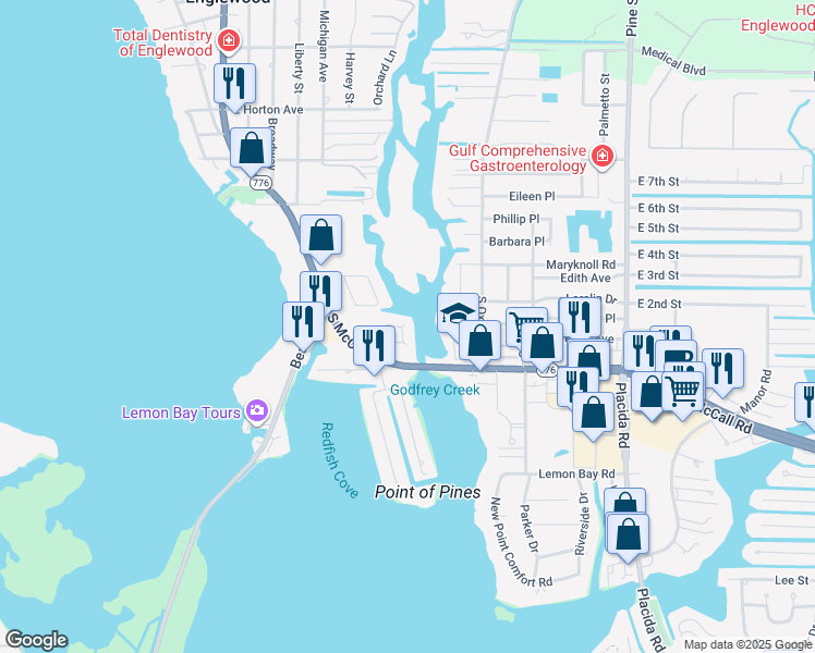 map of restaurants, bars, coffee shops, grocery stores, and more near 1401 South McCall Road in Englewood