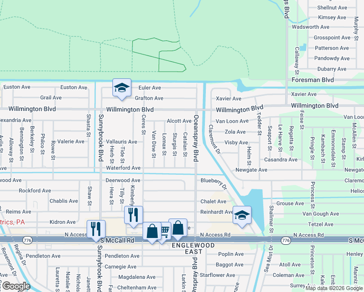 map of restaurants, bars, coffee shops, grocery stores, and more near 6191 Catalan St in Englewood