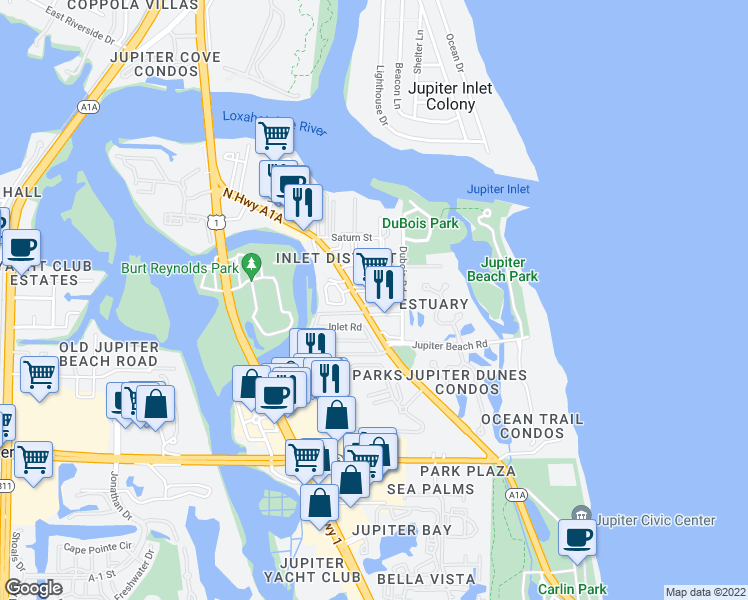 map of restaurants, bars, coffee shops, grocery stores, and more near 655 North Highway A1A in Jupiter