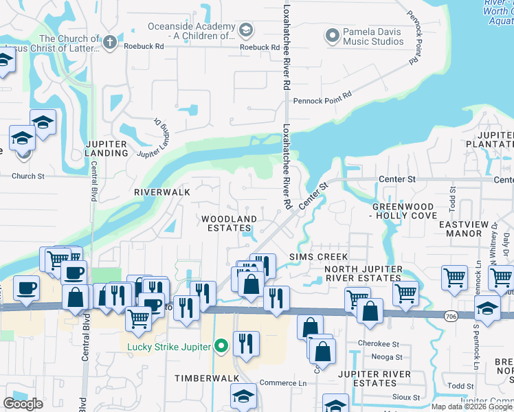 map of restaurants, bars, coffee shops, grocery stores, and more near 5749 Turnwood Court in Jupiter