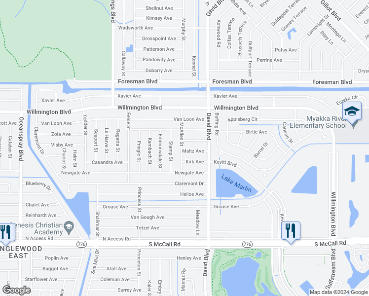 map of restaurants, bars, coffee shops, grocery stores, and more near 12204 Maltz Avenue in Port Charlotte