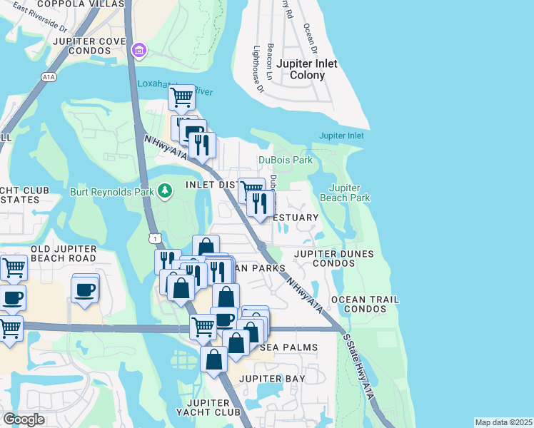 map of restaurants, bars, coffee shops, grocery stores, and more near 655 North Highway A1A in Jupiter