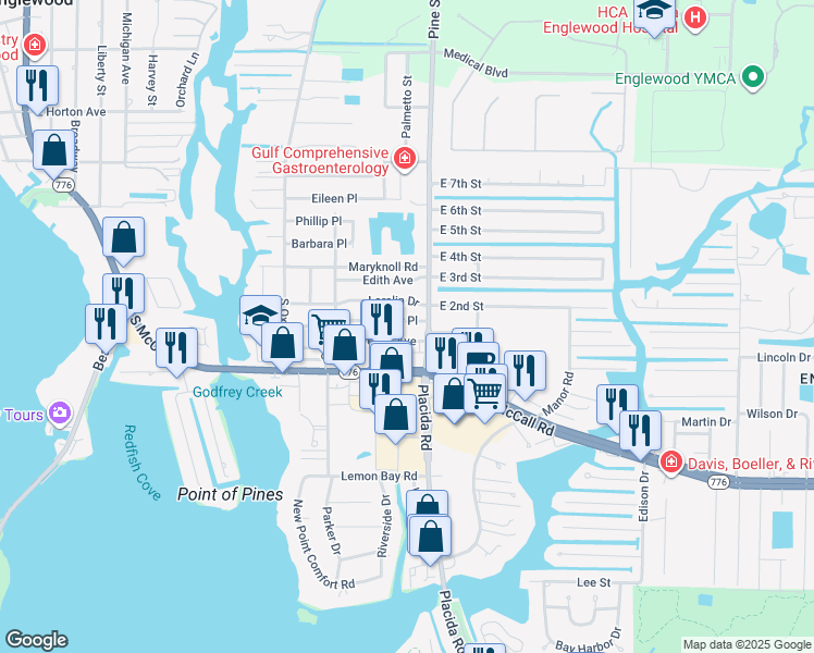 map of restaurants, bars, coffee shops, grocery stores, and more near 1775 Elinor Place in Englewood
