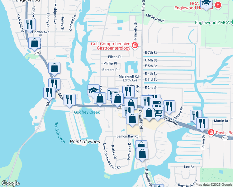 map of restaurants, bars, coffee shops, grocery stores, and more near 1615 Elinor Place in Englewood