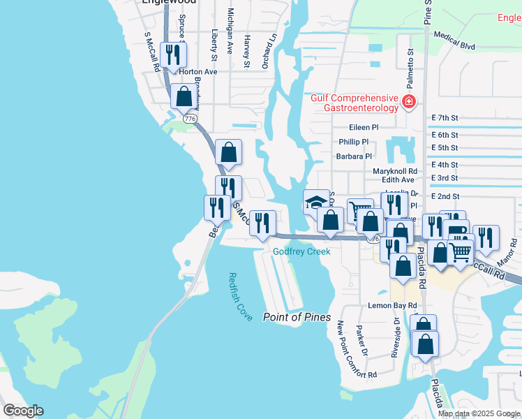 map of restaurants, bars, coffee shops, grocery stores, and more near 1311 South McCall Road in Englewood