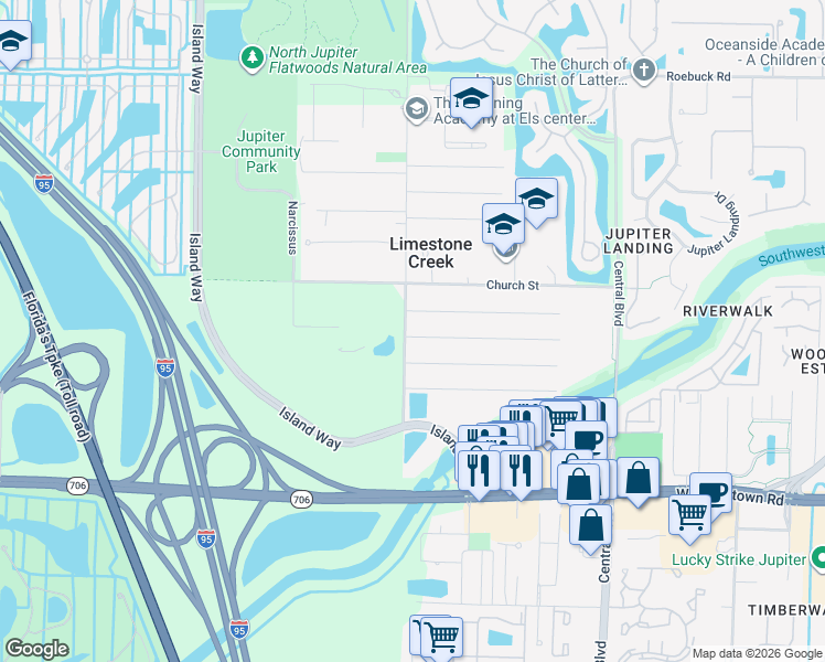 map of restaurants, bars, coffee shops, grocery stores, and more near 17890 Limestone Creek Road in Jupiter