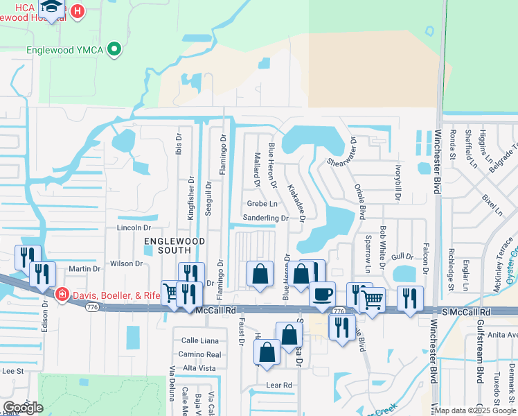 map of restaurants, bars, coffee shops, grocery stores, and more near 2735 Grebe Lane in Englewood