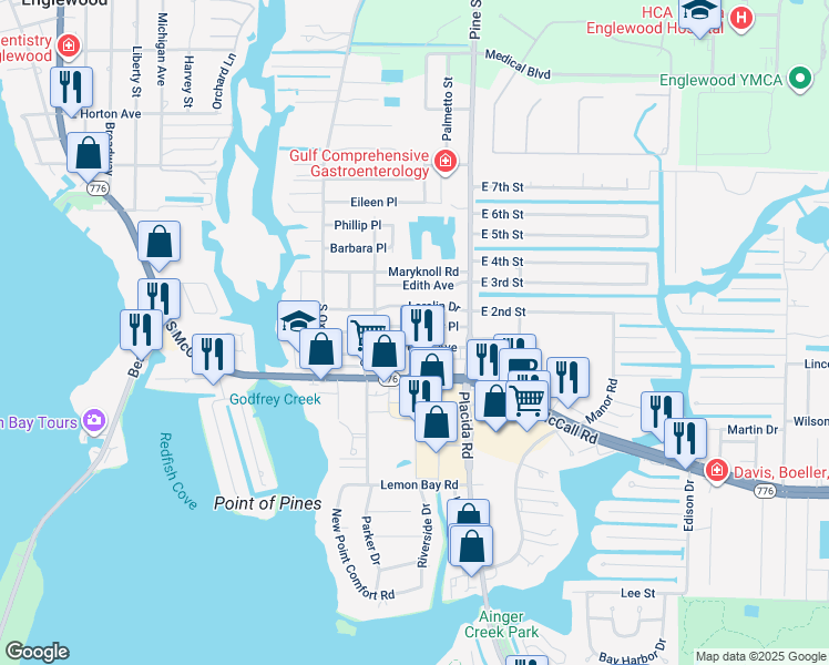 map of restaurants, bars, coffee shops, grocery stores, and more near 1705 Elinor Place in Englewood