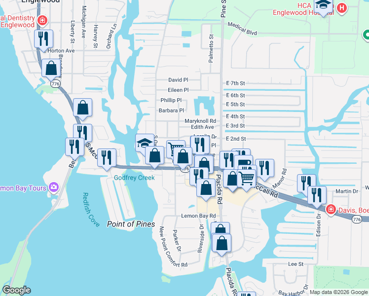 map of restaurants, bars, coffee shops, grocery stores, and more near 1625 Elinor Place in Englewood