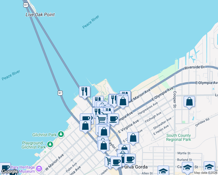 map of restaurants, bars, coffee shops, grocery stores, and more near 200 Harbor Walk Drive in Punta Gorda