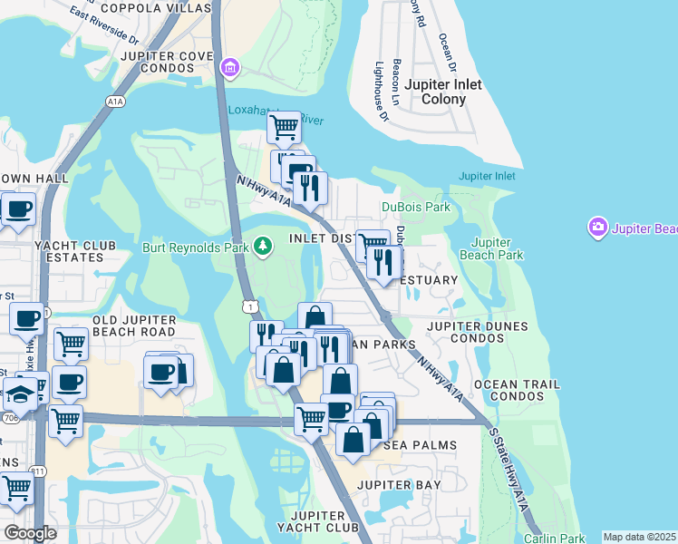 map of restaurants, bars, coffee shops, grocery stores, and more near 126 West River Road in Jupiter