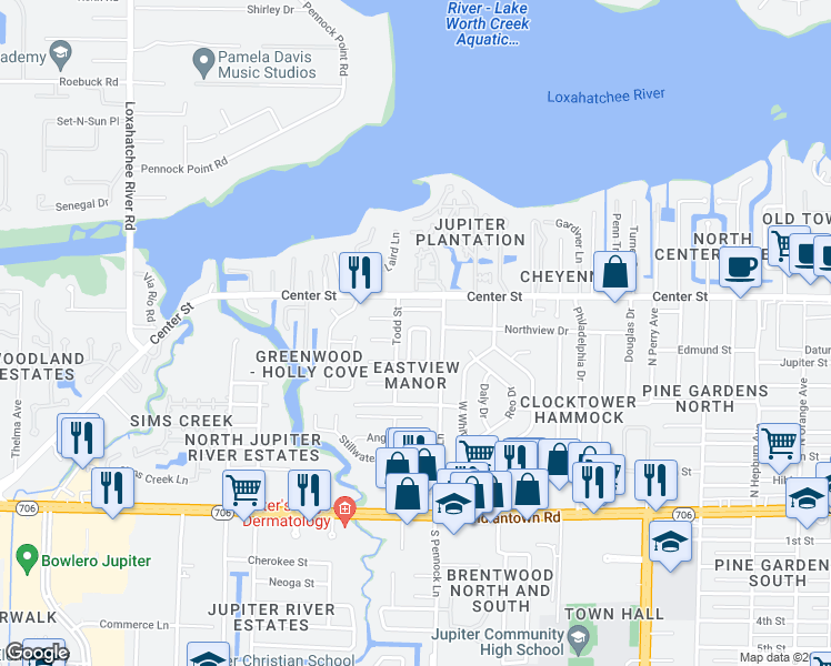 map of restaurants, bars, coffee shops, grocery stores, and more near 138 Pennock Landing Circle in Jupiter