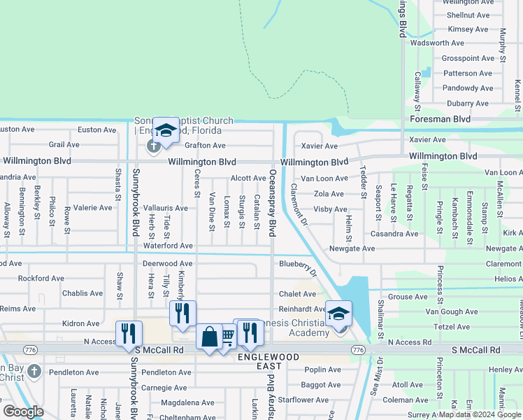 map of restaurants, bars, coffee shops, grocery stores, and more near 6191 Catalan Street in Englewood