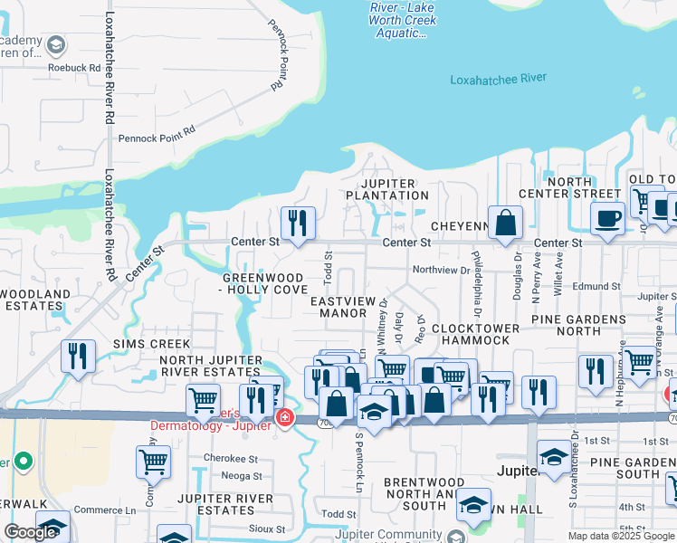 map of restaurants, bars, coffee shops, grocery stores, and more near Pennock Landing Circle in Jupiter