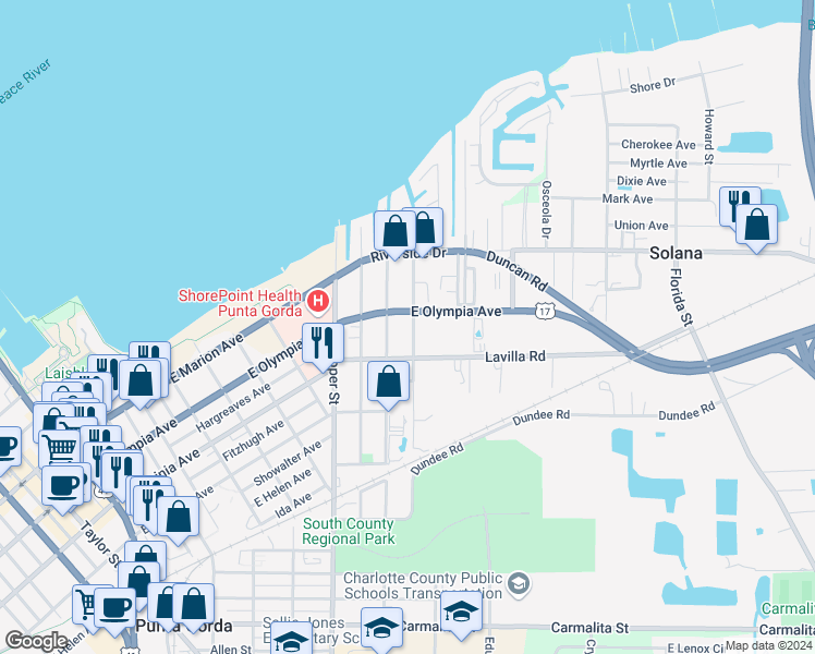 map of restaurants, bars, coffee shops, grocery stores, and more near 25097 East Olympia Avenue in Punta Gorda