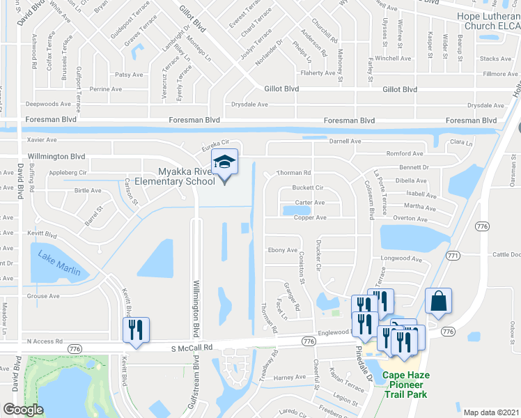 map of restaurants, bars, coffee shops, grocery stores, and more near 6524 Thorman Road in Port Charlotte