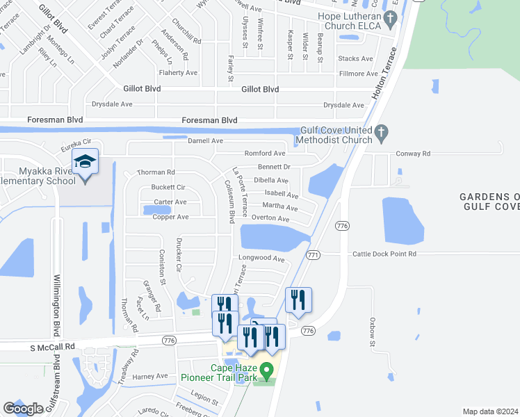 map of restaurants, bars, coffee shops, grocery stores, and more near 13503 Martha Avenue in Port Charlotte