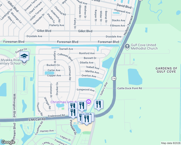 map of restaurants, bars, coffee shops, grocery stores, and more near 13535 Martha Avenue in Port Charlotte