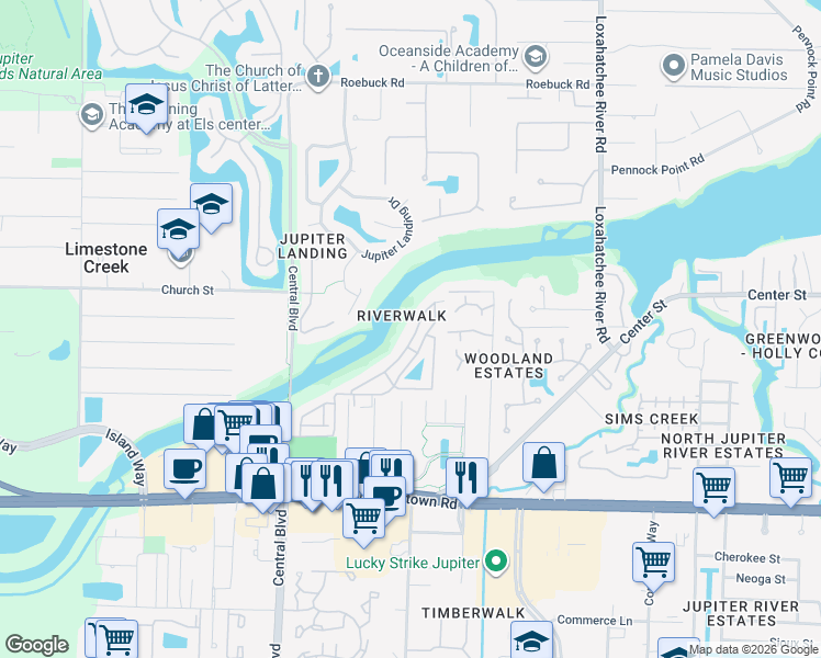 map of restaurants, bars, coffee shops, grocery stores, and more near 6199 Riverwalk Lane in Jupiter