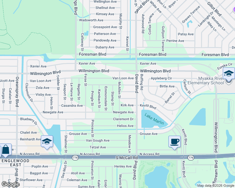 map of restaurants, bars, coffee shops, grocery stores, and more near 12204 Maltz Avenue in Port Charlotte