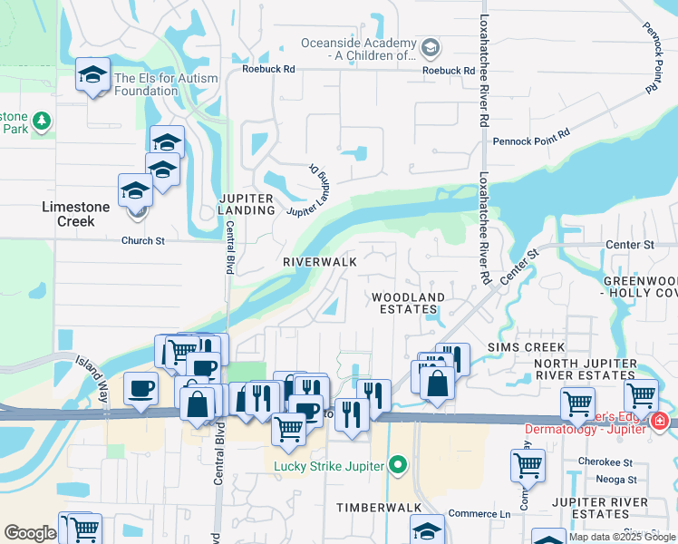 map of restaurants, bars, coffee shops, grocery stores, and more near 6182 Riverwalk Lane in Jupiter