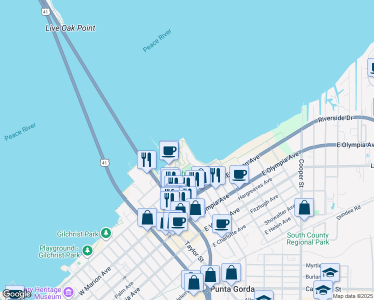 map of restaurants, bars, coffee shops, grocery stores, and more near 200 Harbor Walk Drive in Punta Gorda