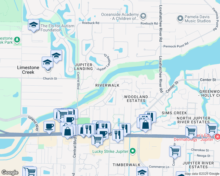 map of restaurants, bars, coffee shops, grocery stores, and more near 6183 Riverwalk Lane in Jupiter