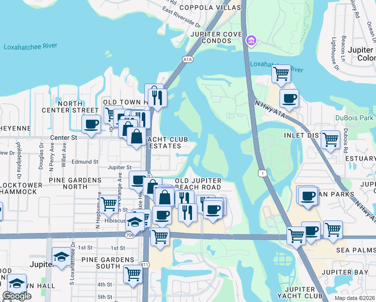 map of restaurants, bars, coffee shops, grocery stores, and more near 128 Elsa Road in Jupiter