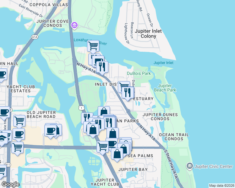 map of restaurants, bars, coffee shops, grocery stores, and more near 733 North Highway A1A in Jupiter