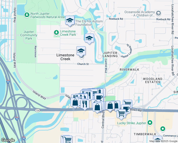 map of restaurants, bars, coffee shops, grocery stores, and more near 6707 3rd Street in Jupiter