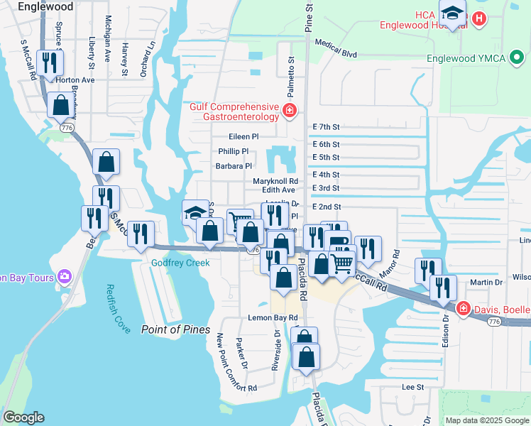 map of restaurants, bars, coffee shops, grocery stores, and more near 1690 Elinor Place in Englewood